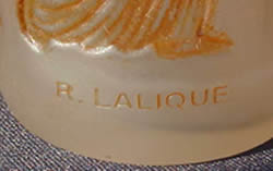 Ambre Antique Perfume Bottle Signature And Lower Section Close-Up Likely Czech Close Copy Fake of Rene Lalique Design Ambre Antique Perfume Bottle Signature And Lower Section Close-Up Likely Czech Close Copy Fake of Rene Lalique Design
