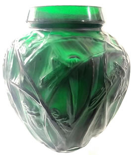 R. Lalique Green Sauterelles Fake Vase - Not by Rene Lalique R. Lalique Green Sauterelles Fake Vase - Not by Rene Lalique
