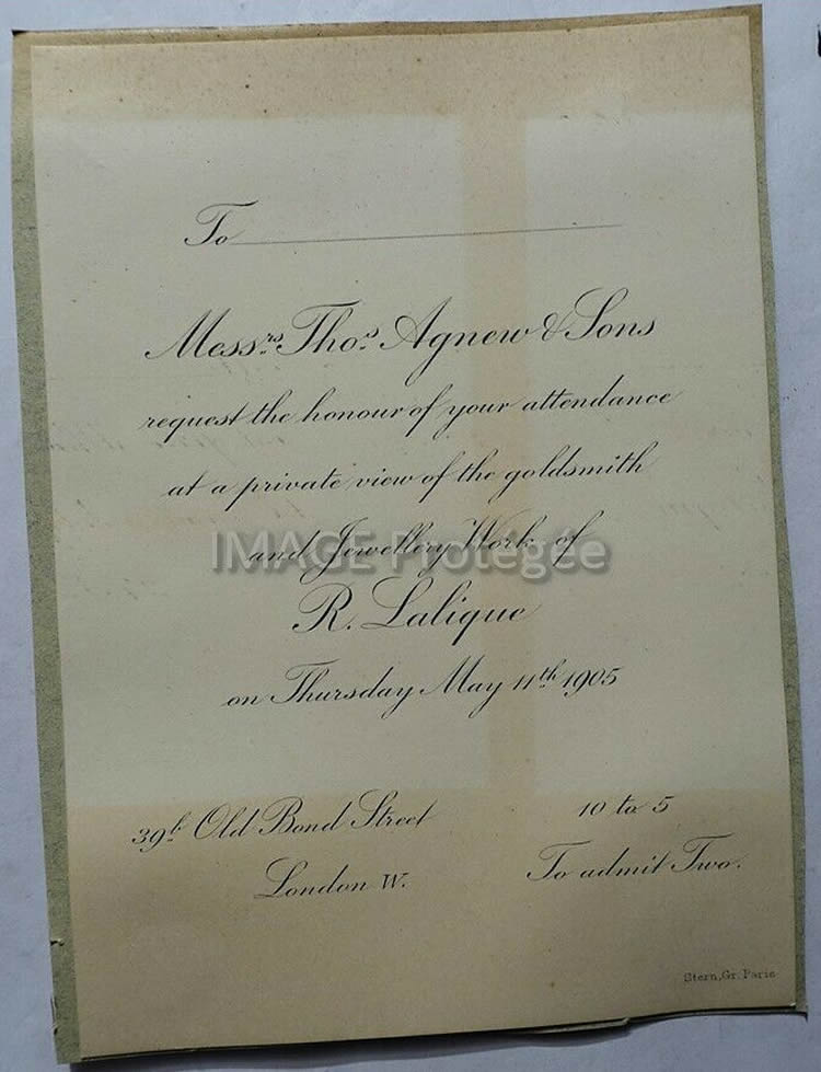 Rene Lalique Thos Agnew And Sons Private View Of Goldsmith And Jewellery Work Of R. Lalique May 11, 1905 Invitation